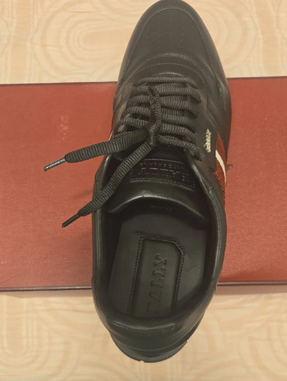 Bally Black Leather Sneaker with Red and White Stripe